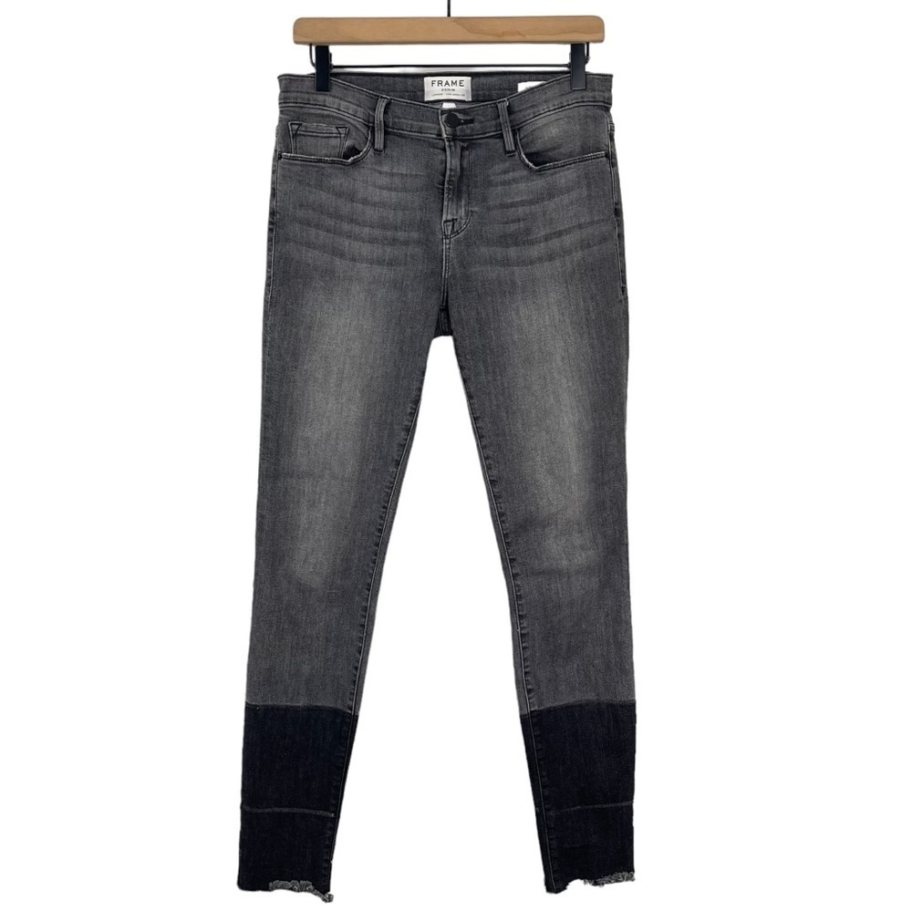 Frame Denim Le Skinny De Jeanne Jeans 28 Mid Rise Raw Hem Gotham Two Tone Black